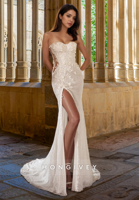 Sexy Strapless Fitted Empire with Slit Lace Applique Wedding Dress Bride Gown