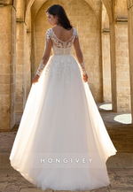 Applique Long Sleeves Tulle Open Back A-Line Wedding Dress Bridal Gown