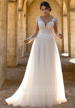 Applique Long Sleeves Tulle Open Back A-Line Wedding Dress Bridal Gown