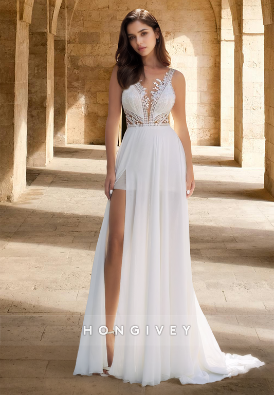 Sexy Straps V-Neck with Slit Tulle Engagement Beach Wedding Dress