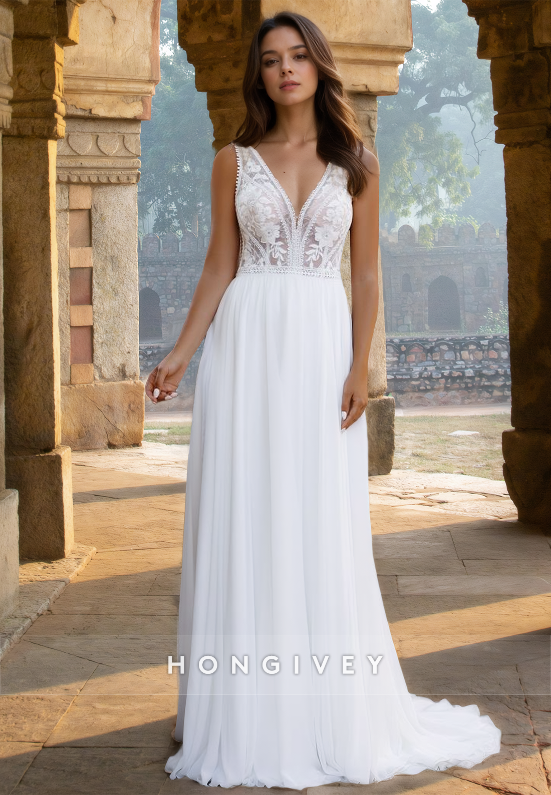 Sexy Sheer Applique V-Neck A-Line Tulle Wedding Dress Bridal Gown