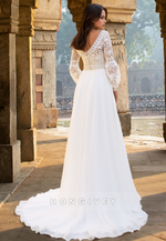 Long Sleeves V-Neck Floral Applique Tulle Wedding Dress 2025 HONGIVEY