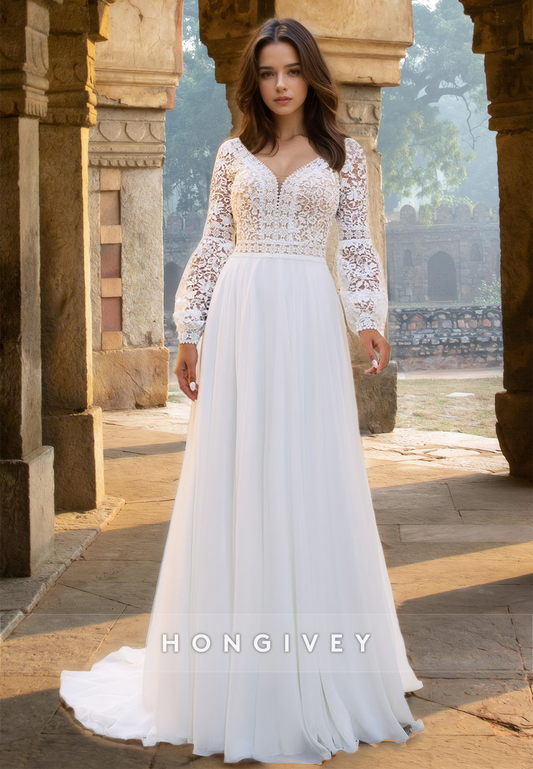 Long Sleeves V-Neck Floral Applique Tulle Wedding Dress 2025 HONGIVEY