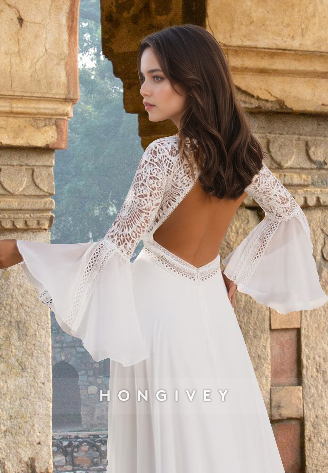 Backless Lace Applique Long Sleeves A-Line Wedding Dress Bridal Gown