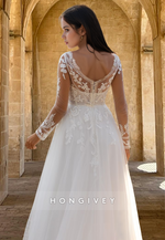 Applique Long Sleeves Tulle Open Back A-Line Wedding Dress Bridal Gown