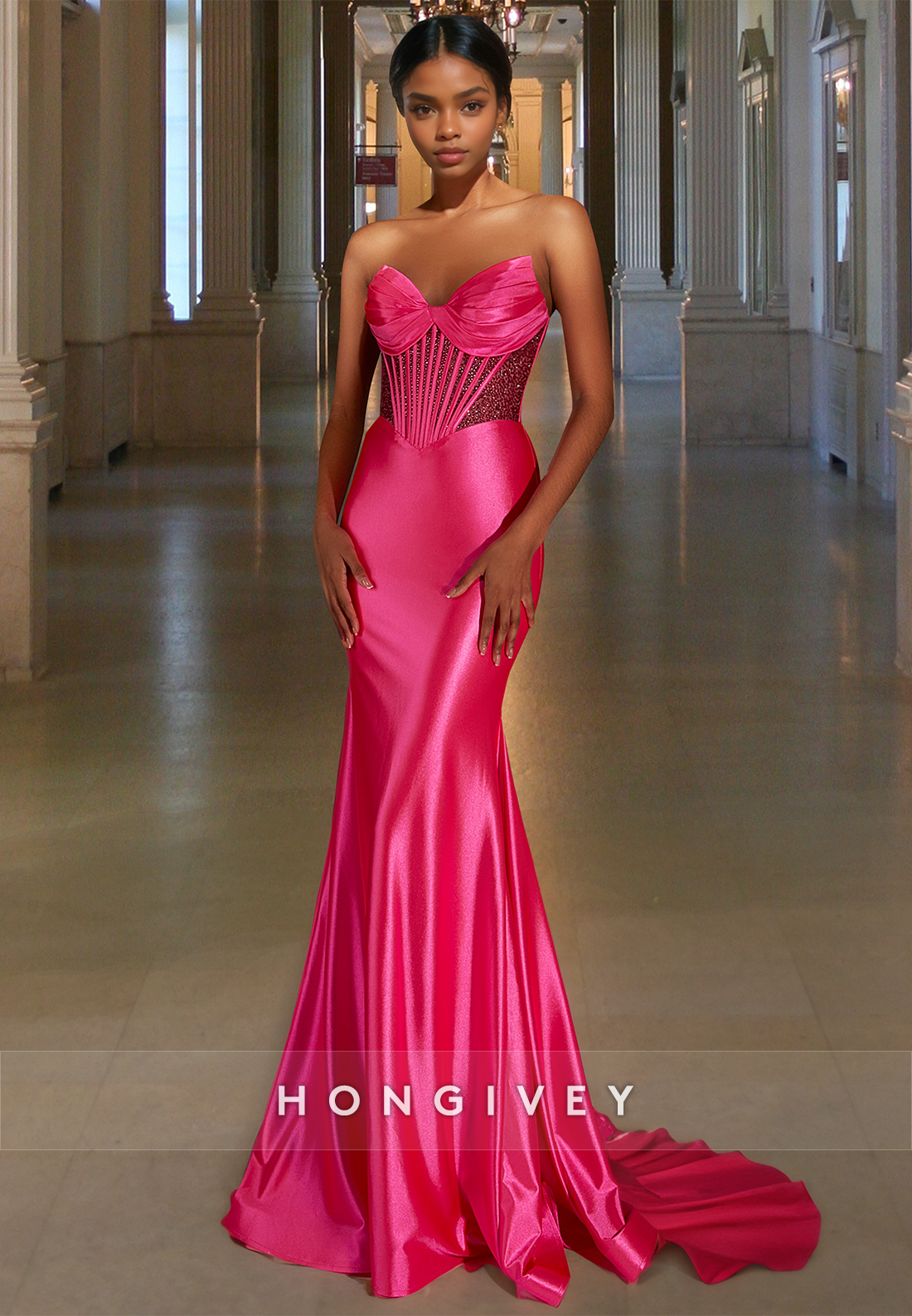 Sexy Sweetheart Stapless Sheer Long Trumpet Evening Dress Party Gown