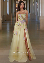 Floral Yellow Tulle with Slit Spaghetti Straps Party Evening Dress Prom Ball Gown