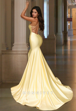 Solid Yellow Spaghetti Straps Trumpet Simple Satin Evening Dress Party Gown