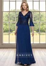 Applique 3/4 Sleeves A-Line Chiffon Long Mother of the Bride Dress HONGIVEY