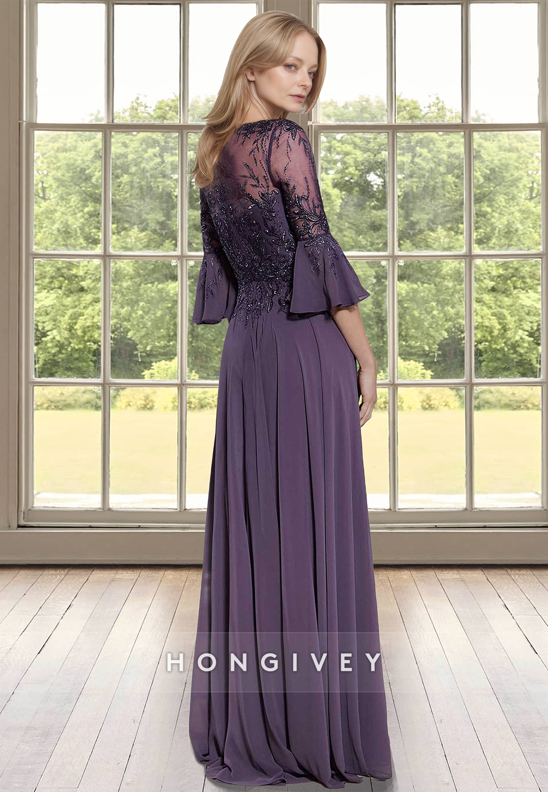 Applique 3/4 Sleeves A-Line Chiffon Long Mother of the Bride Dress HONGIVEY