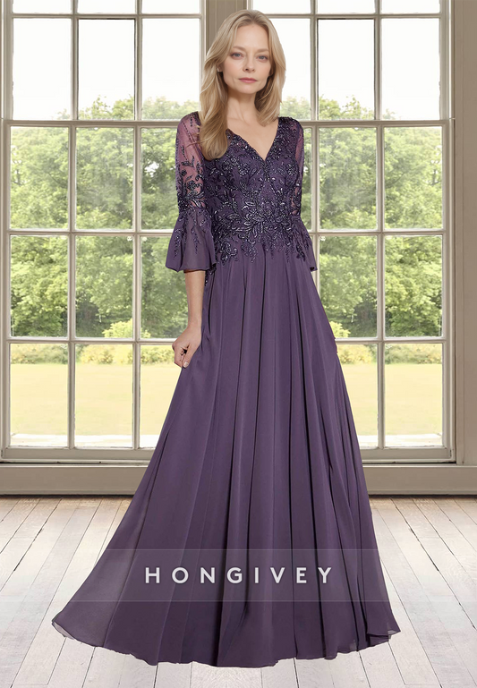 Applique 3/4 Sleeves A-Line Chiffon Long Mother of the Bride Dress HONGIVEY