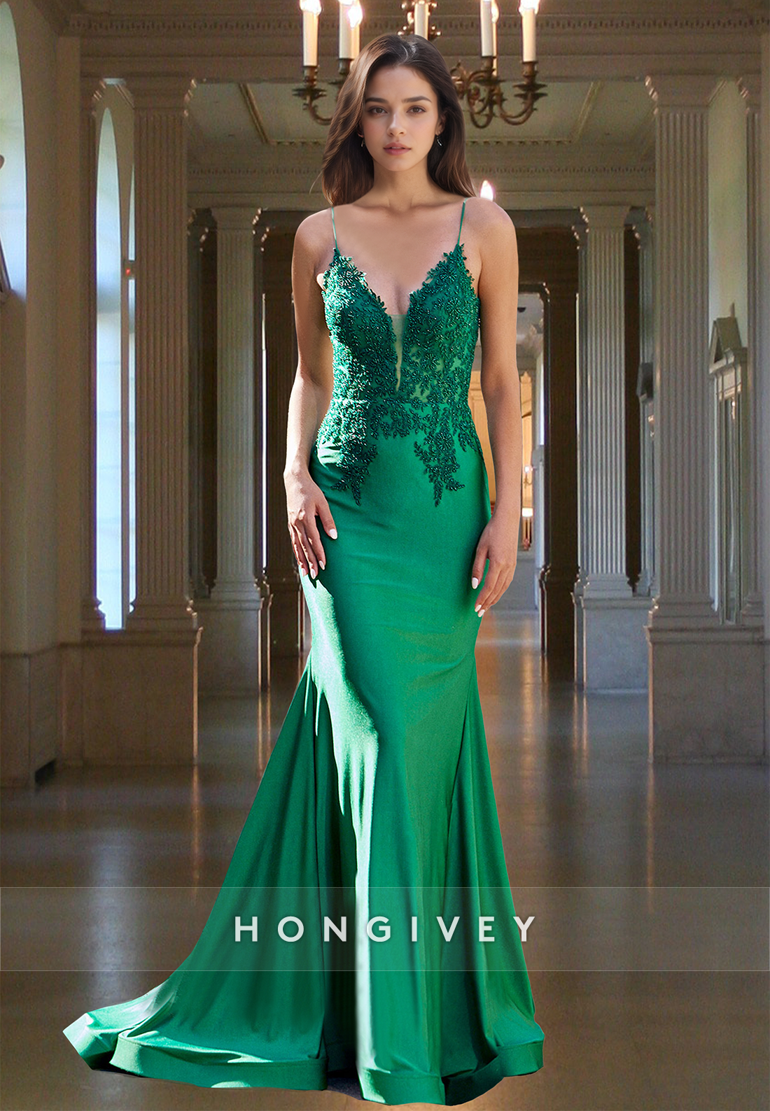 Sexy Green V-Neck Straps Mermaid Applique with Train Evening Dress