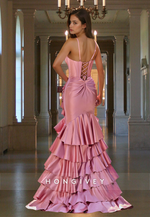 Sexy V-Neck Pink Tiered Ruffles Formal Evening Dress Prom Gown HONGIVEY