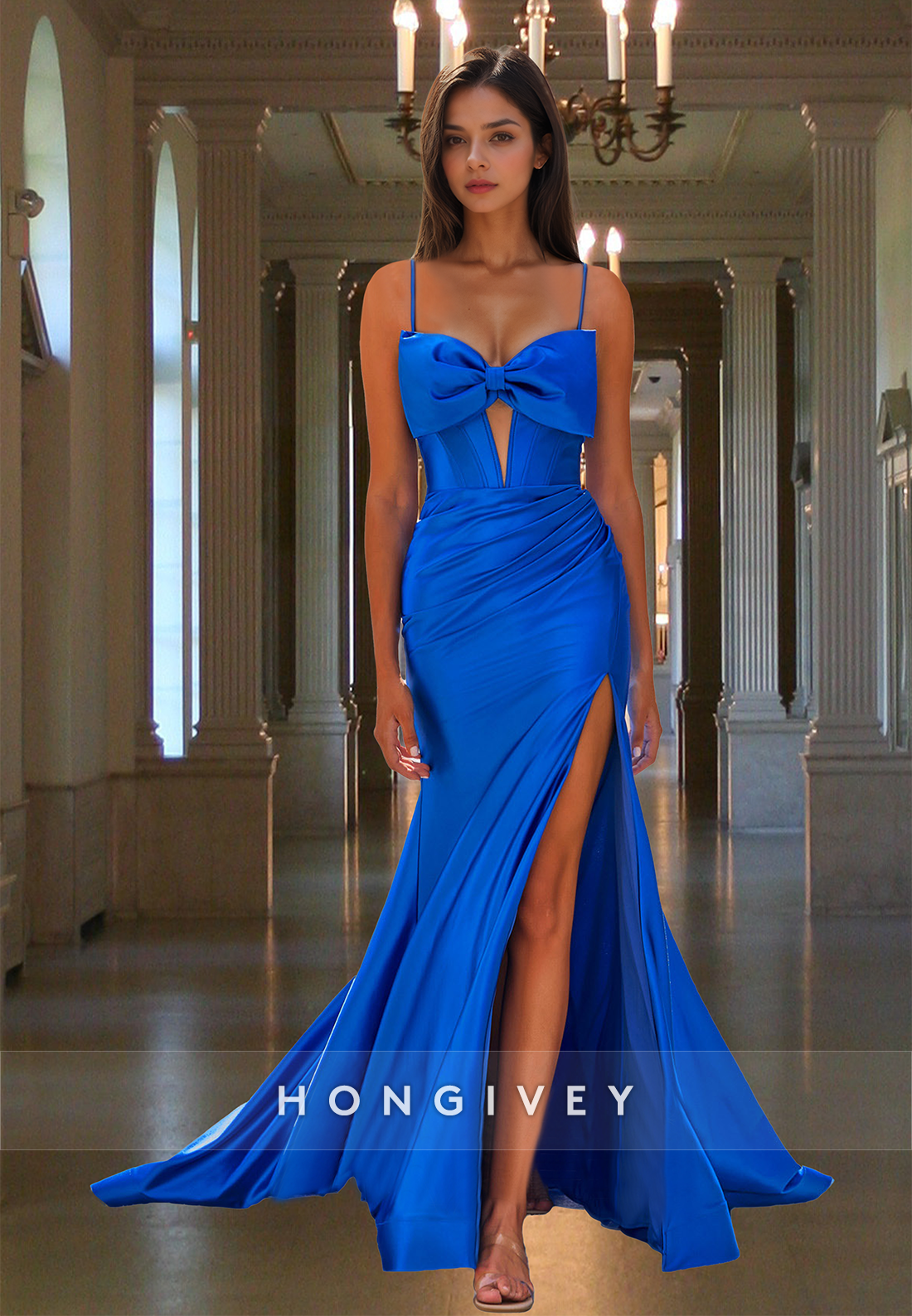 Sexy Blue Bow Straps Corset with Train Trumpet Formal Evening Dress Pa Sexy Blue Bow Straps Corset with Train Trumpet Formal Evening Dress Pa