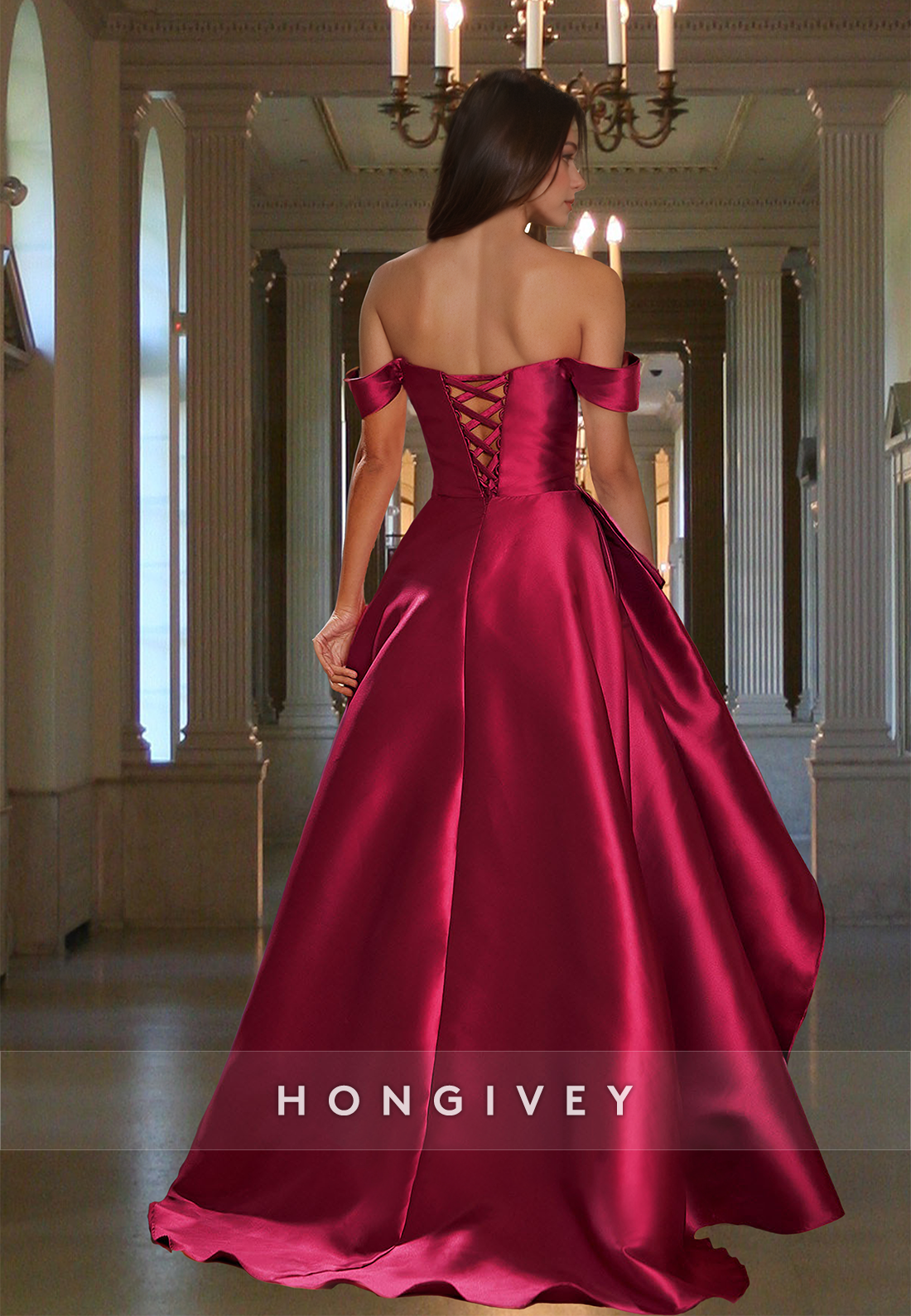 Ruffles Red Off-Shoulder Satin A-Line with Slit Formal Evening Dress Prom Gown