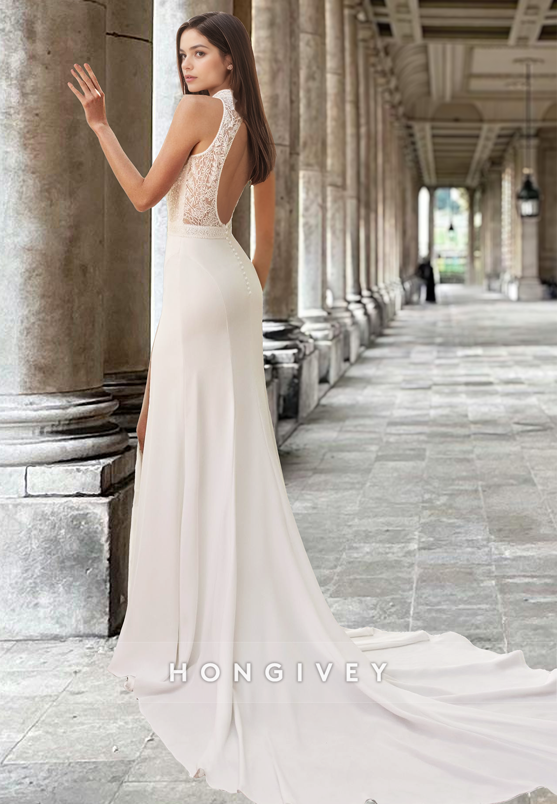 Sexy Sleeveless High Neck Sheath Satin Engagement Wedding Dress HONGIVEY