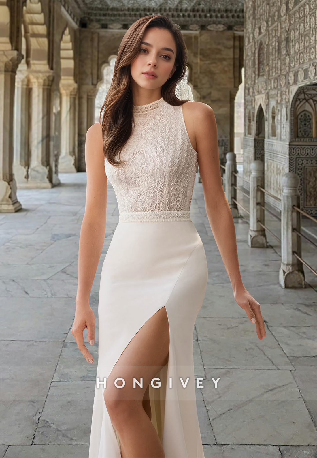 Sexy Sleeveless High Neck Sheath Satin Engagement Wedding Dress HONGIVEY