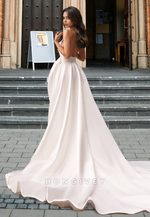 Sexy V-Neck A-Line Satin Bow with Train Wedding Dress Bride Gown HONGIVEY