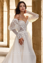 Chic Puff Sleeves Applique A-Line Tulle Off-Shoulder Wedding Dress HONGIVEY