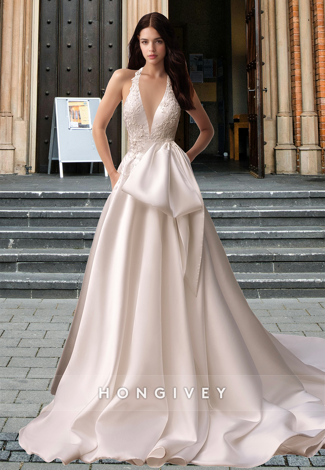 Sexy V-Neck A-Line Satin Bow with Train Wedding Dress Bride Gown HONGIVEY