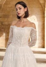 Full Lace Applique Long Sleeves A-Line with Train Wedding Dress HONGIVEY