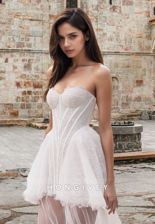 Sexy Short Strapless A-Line Tulle Applique Engagement Wedding Dress HONGIVEY