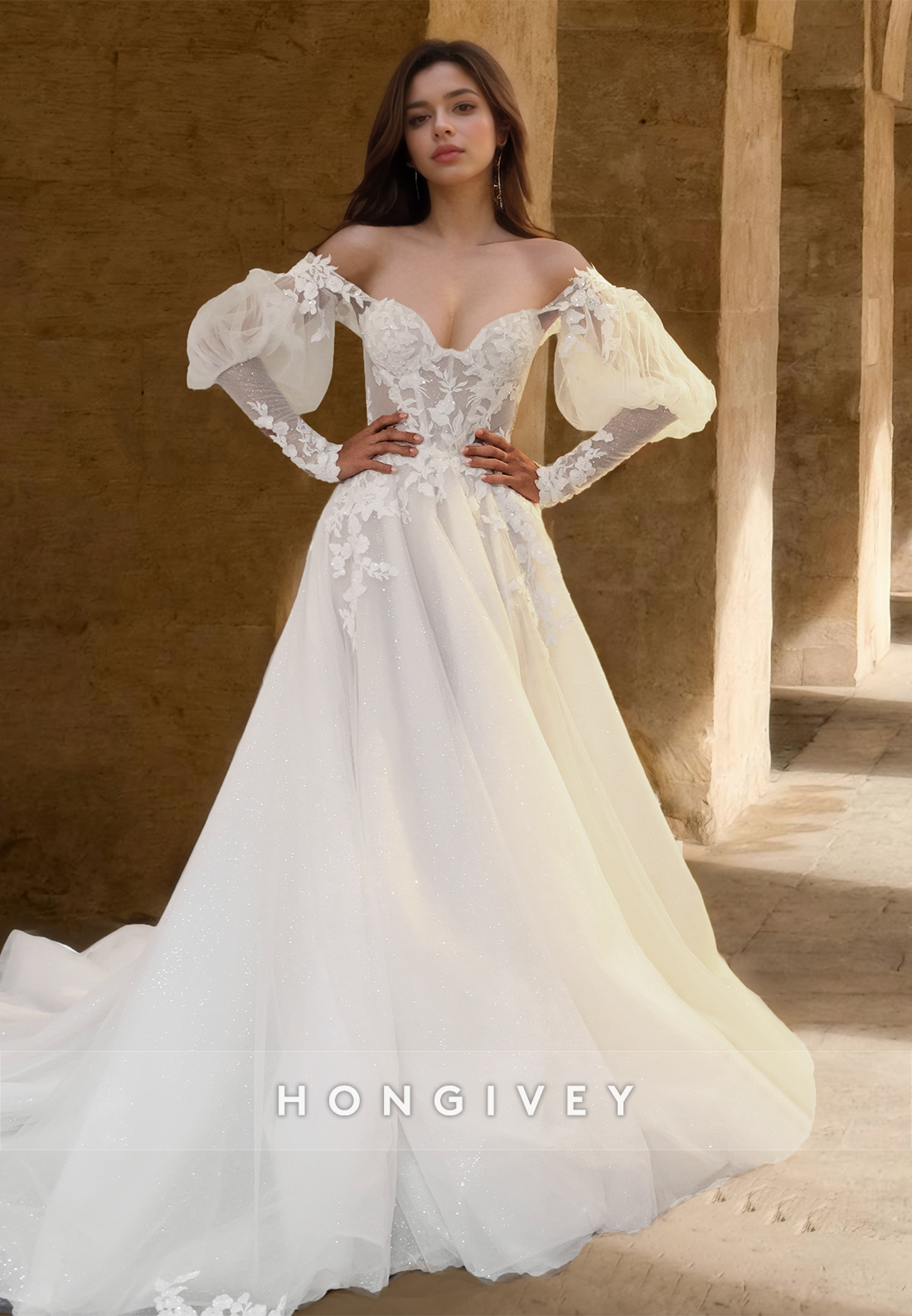 Chic Puff Sleeves Applique A-Line Tulle Off-Shoulder Wedding Dress HONGIVEY