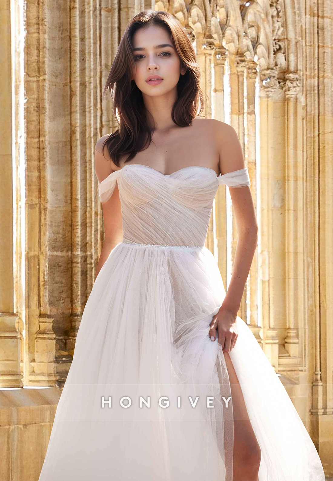 Sheer Tulle Off-Shoulder A-Line Floor-Length Simple Wedding Dress HONGIVEY