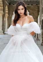 Sweetheart Puff Sleeves Ruched Tulle A-Line Wedding Dress Bride Gown