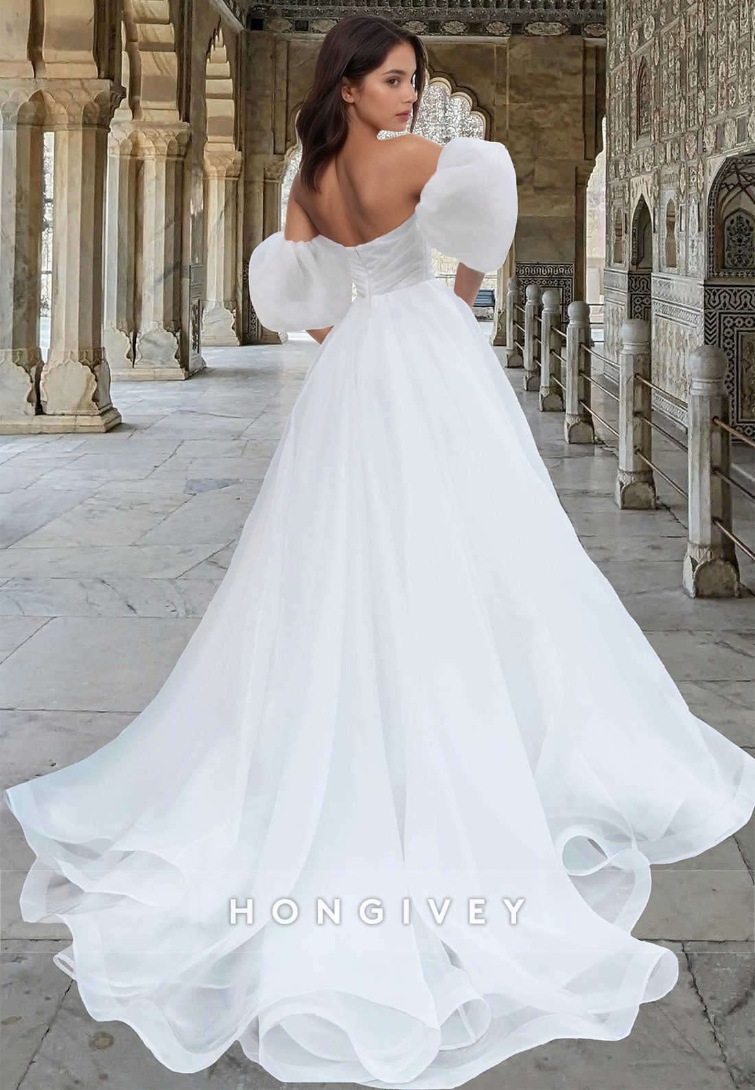 Sweetheart Puff Sleeves Ruched Tulle A-Line Wedding Dress Bride Gown