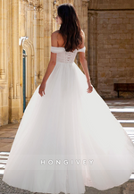 Sheer Tulle Off-Shoulder A-Line Floor-Length Simple Wedding Dress HONGIVEY