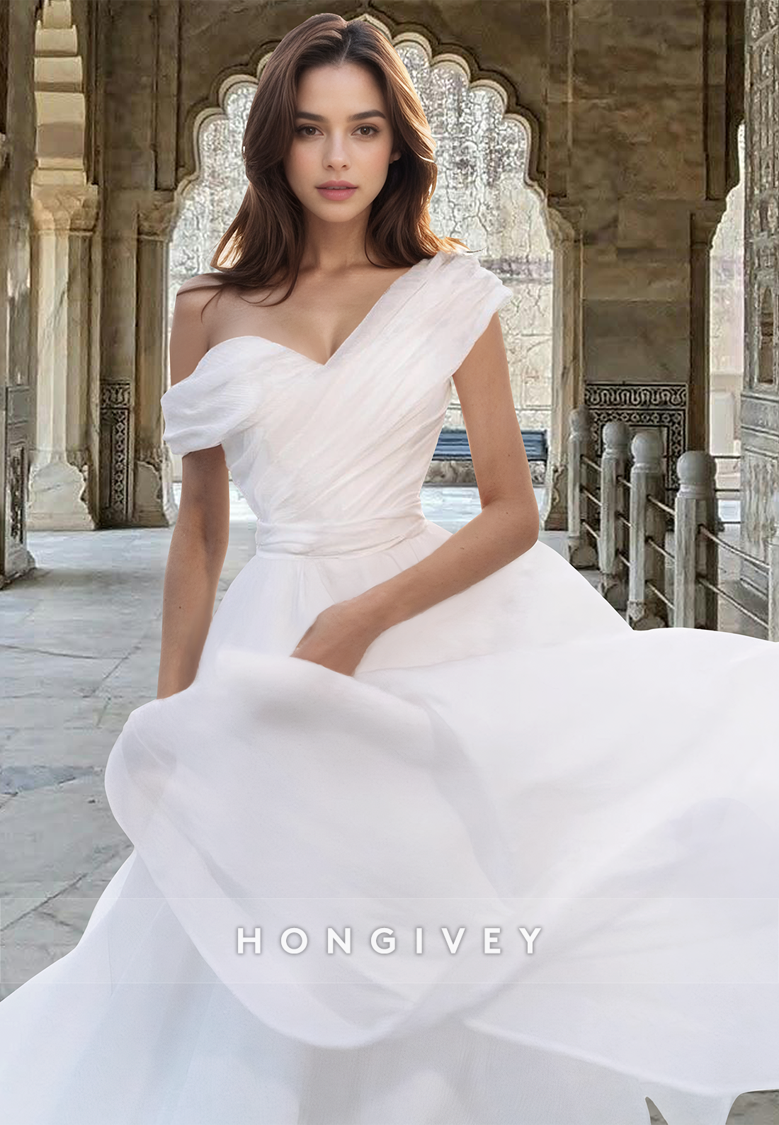 Chic Asymmetrical with Train Tulle Off-Shoulder A-Line Wedding Dress Bride Gown