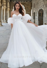 Sweetheart Puff Sleeves Ruched Tulle A-Line Wedding Dress Bride Gown