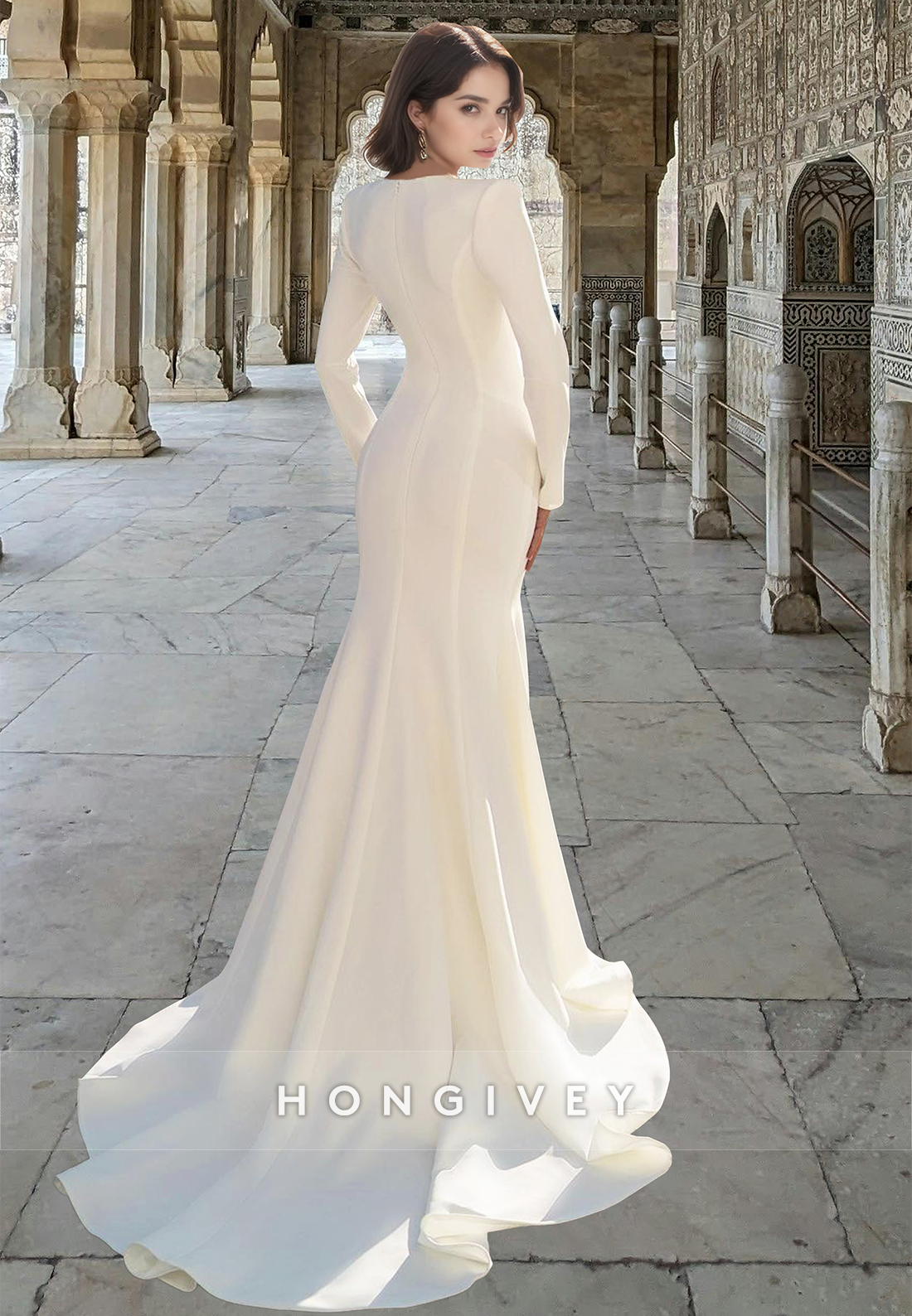 Sexy Beaded Deep V-Neck Mermaid Long Sleeves Empire Satin Wedding Dress