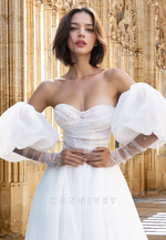 New Beaded Applique Puff Sleeves Tulle A-Line with Slit Wedding Dress HONGIVEY