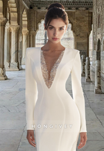 Sexy Beaded Deep V-Neck Mermaid Long Sleeves Empire Satin Wedding Dress