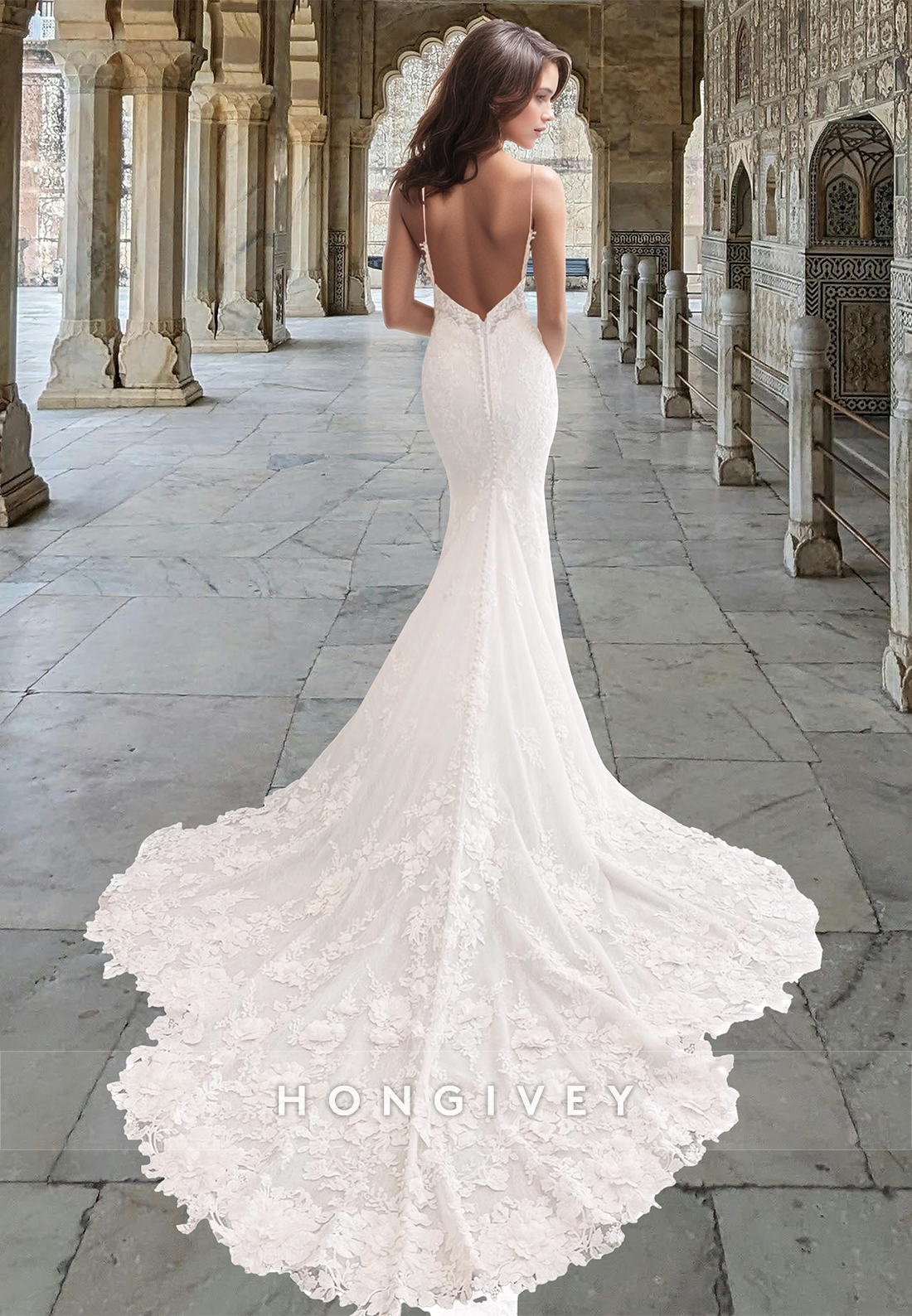 Sexy V-Neck Mermaid with Train Lace Applique Spaghetti Straps Wedding Dress