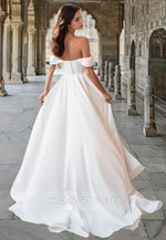 Sexy Ruched High Slit Wedding Dress Simple Satin Off-Shoulder with Train Bride Gown