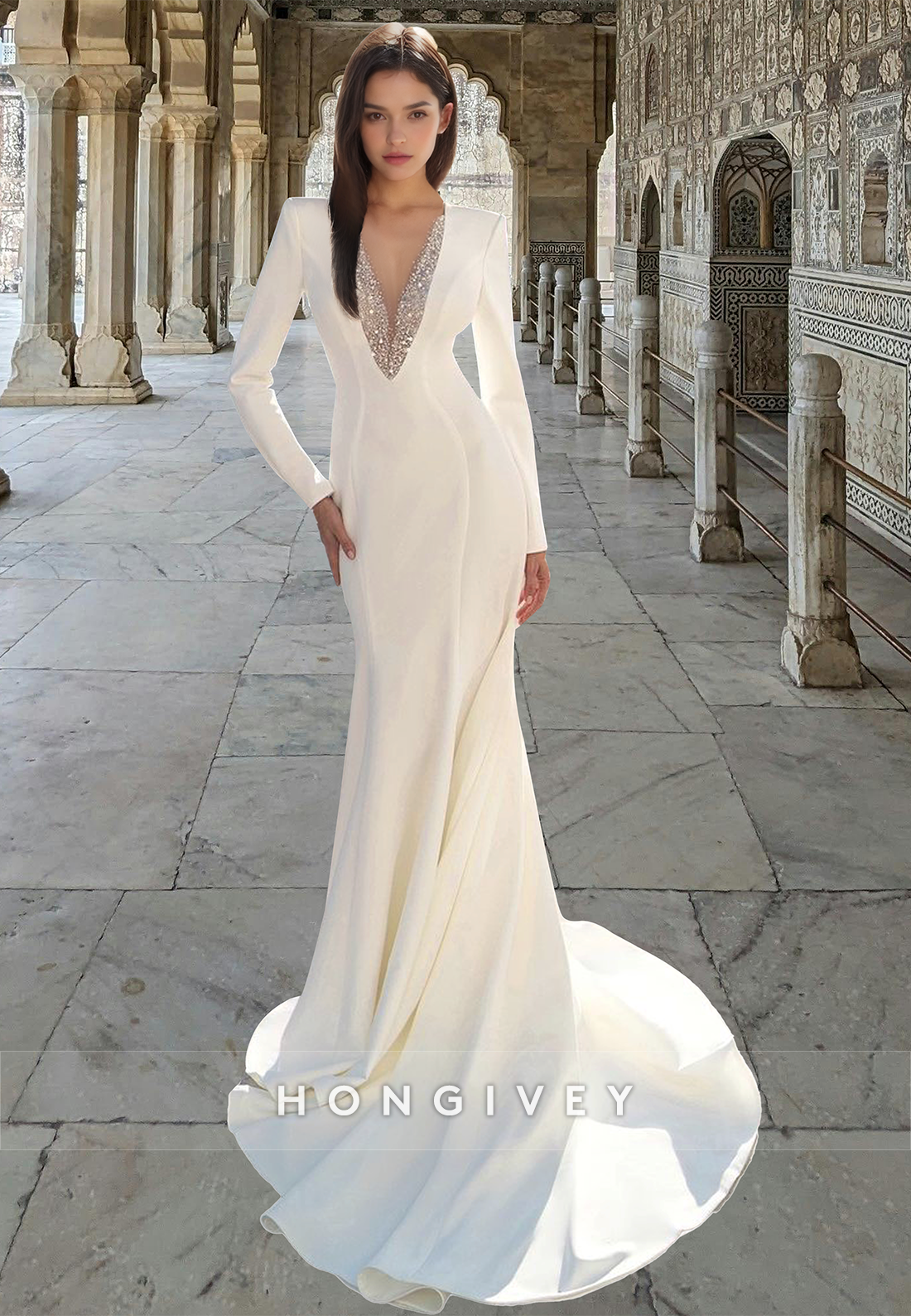 Sexy Beaded Deep V-Neck Mermaid Long Sleeves Empire Satin Wedding Dress