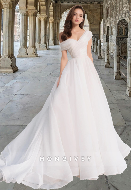 Chic Asymmetrical with Train Tulle Off-Shoulder A-Line Wedding Dress Bride Gown