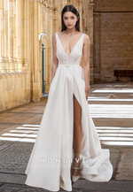 Sexy V-Neck High Slit A-Line with Belt Organza Engagement Wedding Dress