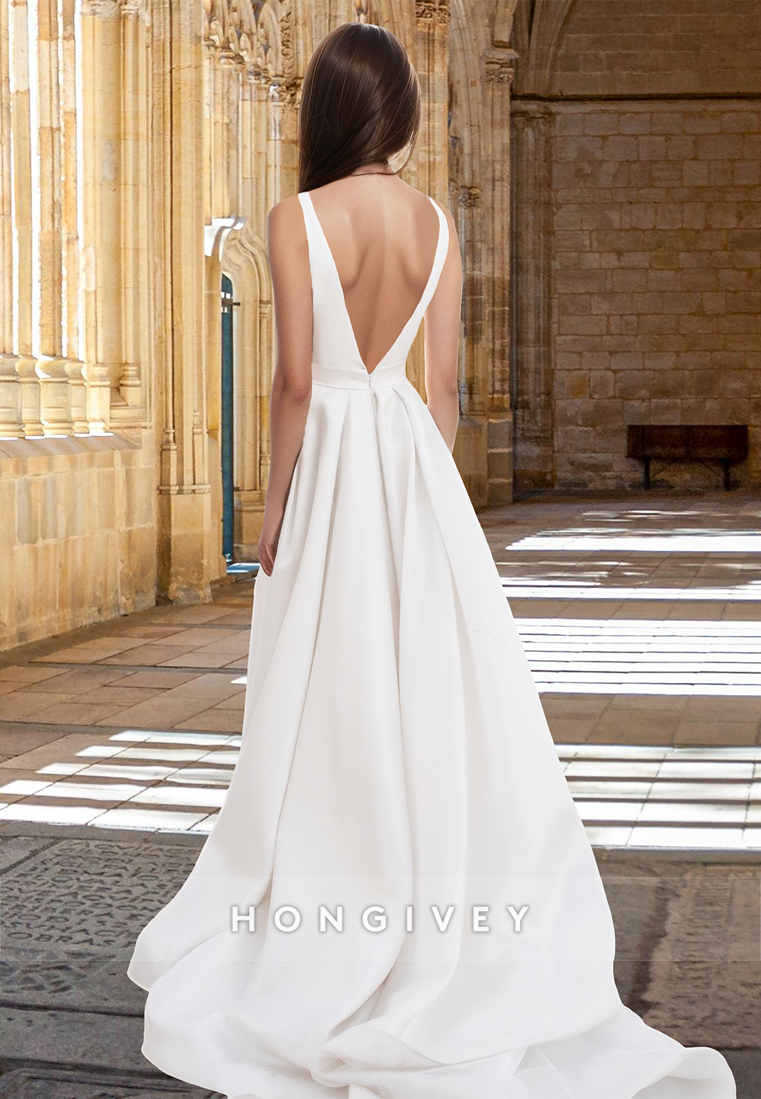 Sexy V-Neck High Slit A-Line with Belt Organza Engagement Wedding Dress