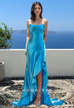 Ruffles High Low Strapless with Train Trumpet Evening Dress Formal Party Gown