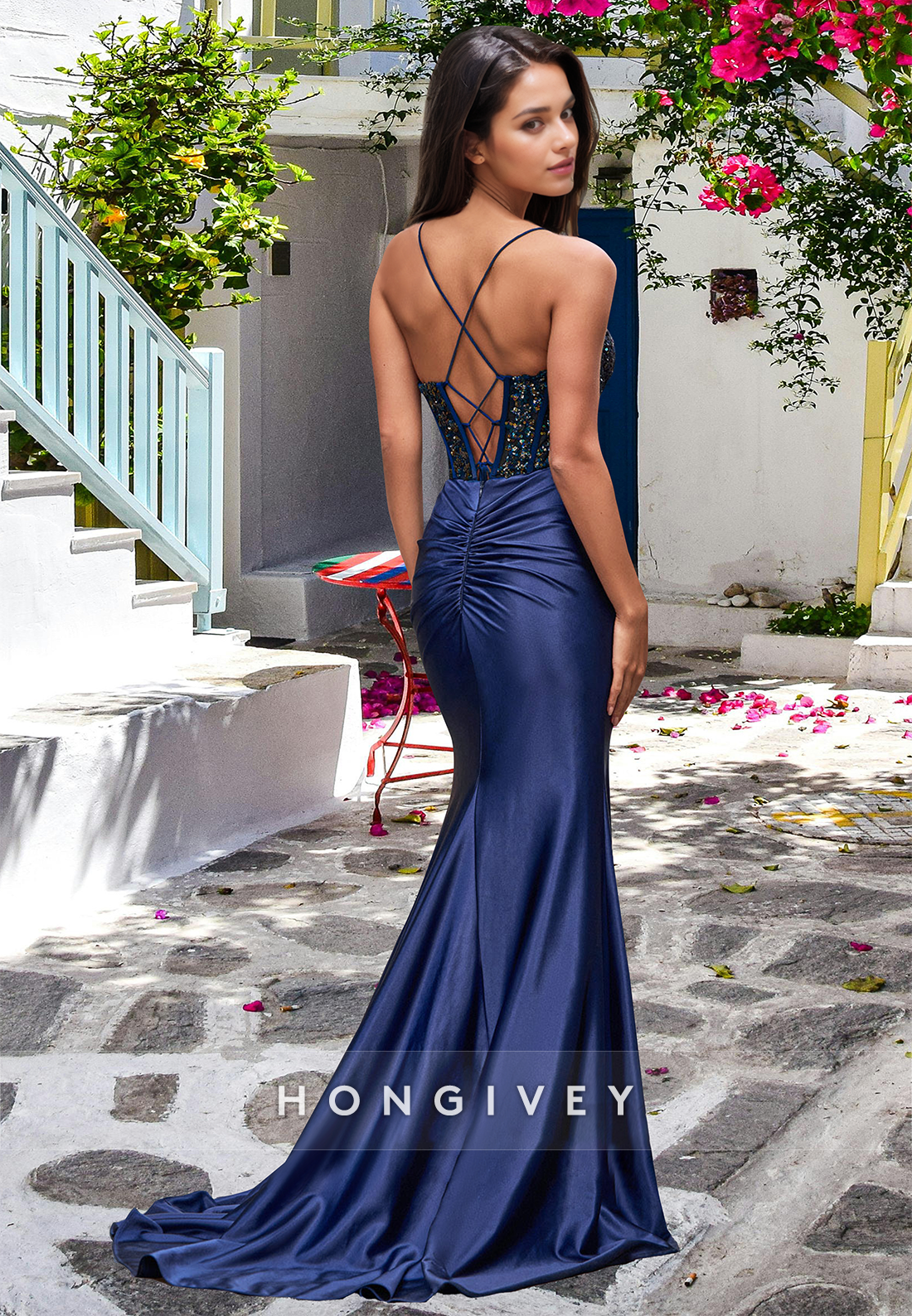 Sexy Applique Lace Up Trumpet with Slit Dark Navy Satin Evening Dress HONGIVEY