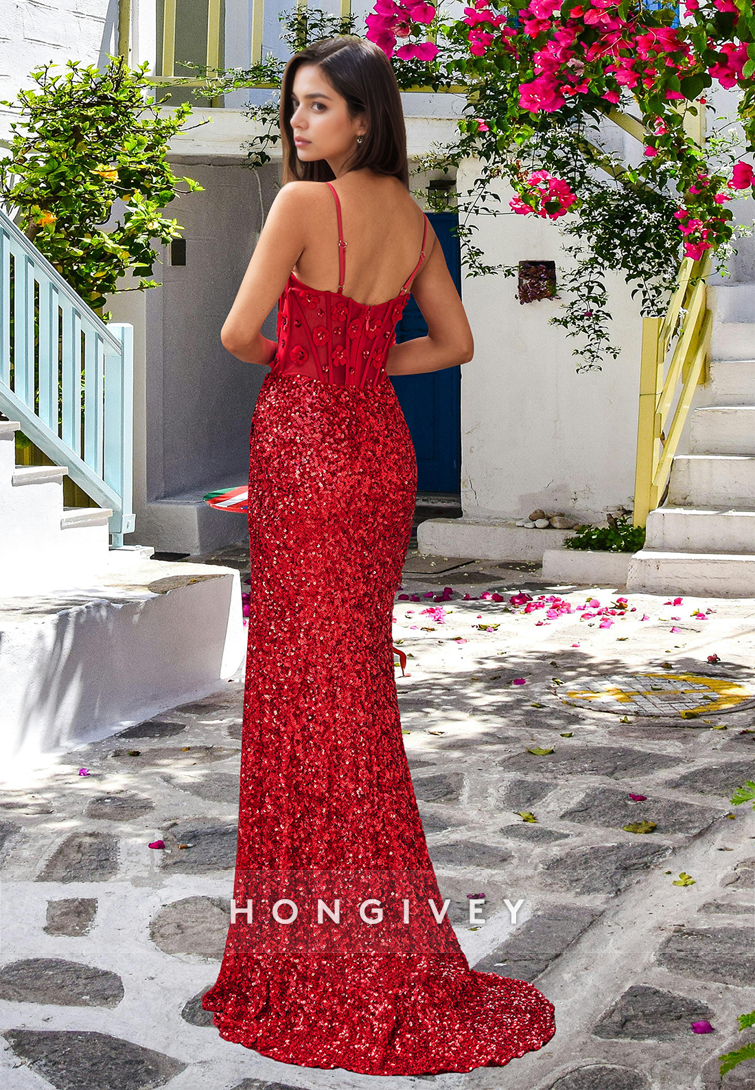 Sparkle Red Spaghetti Straps Applique Sequined with Slit Evening Dress 2025