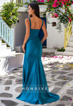 Classic Square Blue Spaghetti Straps with Slit Trumpet Formal Evening Dress