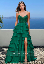 Tiered Green Spaghetti Straps A-Line Quinceanera Homecoming Prom Ball Gown