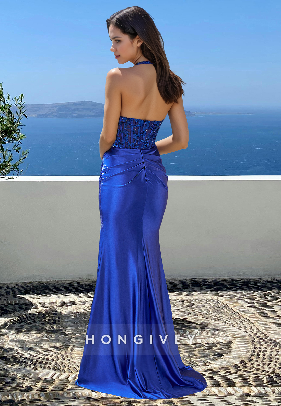 Sexy Blue V-Neck Simple Applique Sleeveless Sheath Satin Formal Party Dress