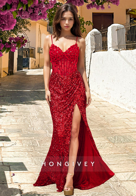 Sparkle Red Spaghetti Straps Applique Sequined with Slit Evening Dress 2025