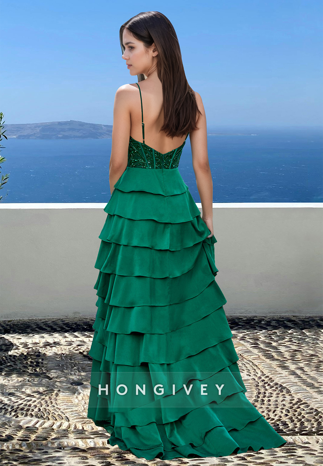 Tiered Green Spaghetti Straps A-Line Quinceanera Homecoming Prom Ball Gown